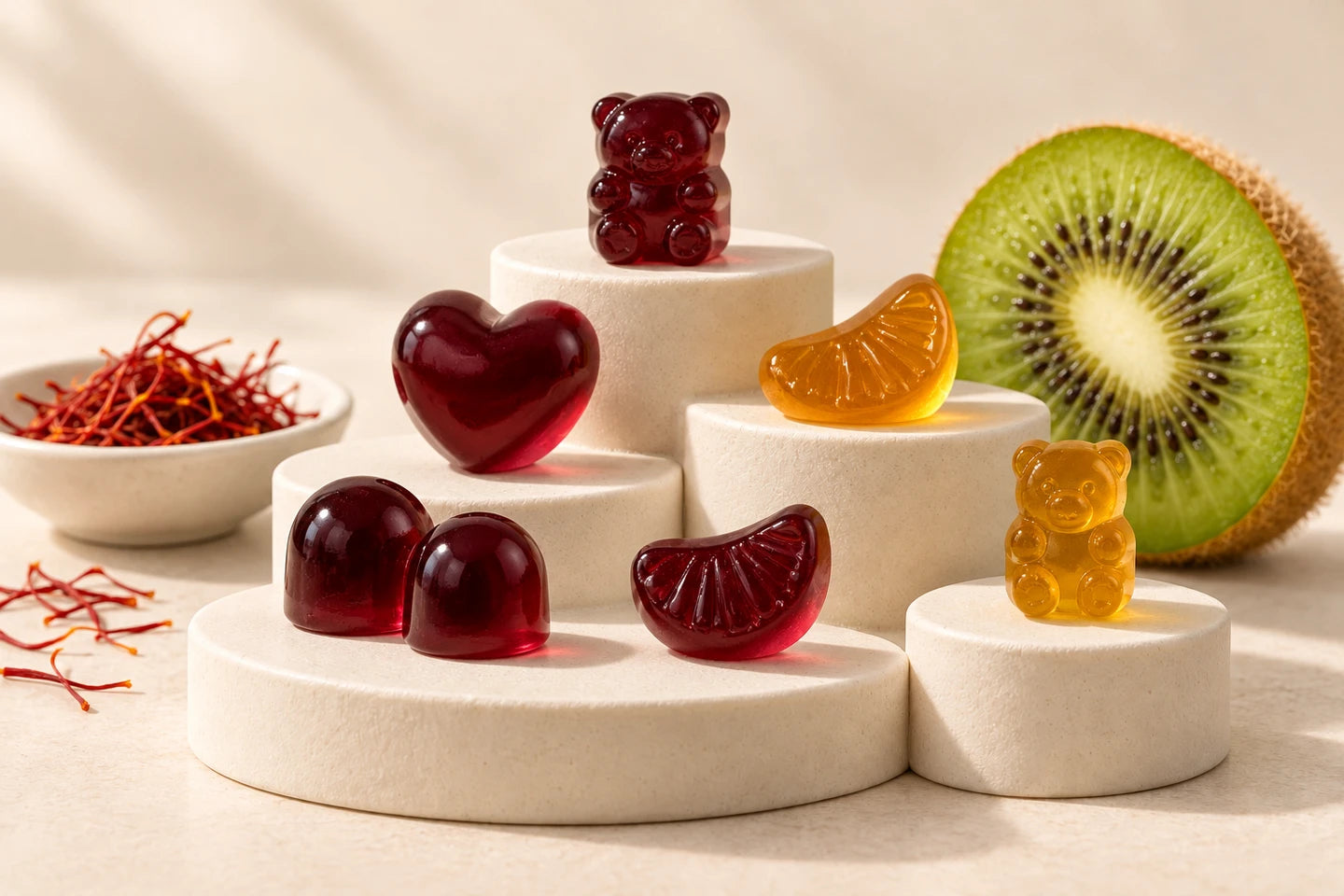 Composizione illustrativa con gummy lisce, kiwi e zafferano